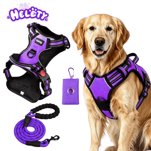 HELETY Purple 3-in-1 Adjustable No-Pull Dog Vest Harness and Leash Set, Size S-XL, Dual D-Ring Clips, 360° Reflective Design, Padded Chest, Oxford Fabric, Night Safety Features, Built-in Poop Bag Holder, Tangle-Free Bungee Strap for Running