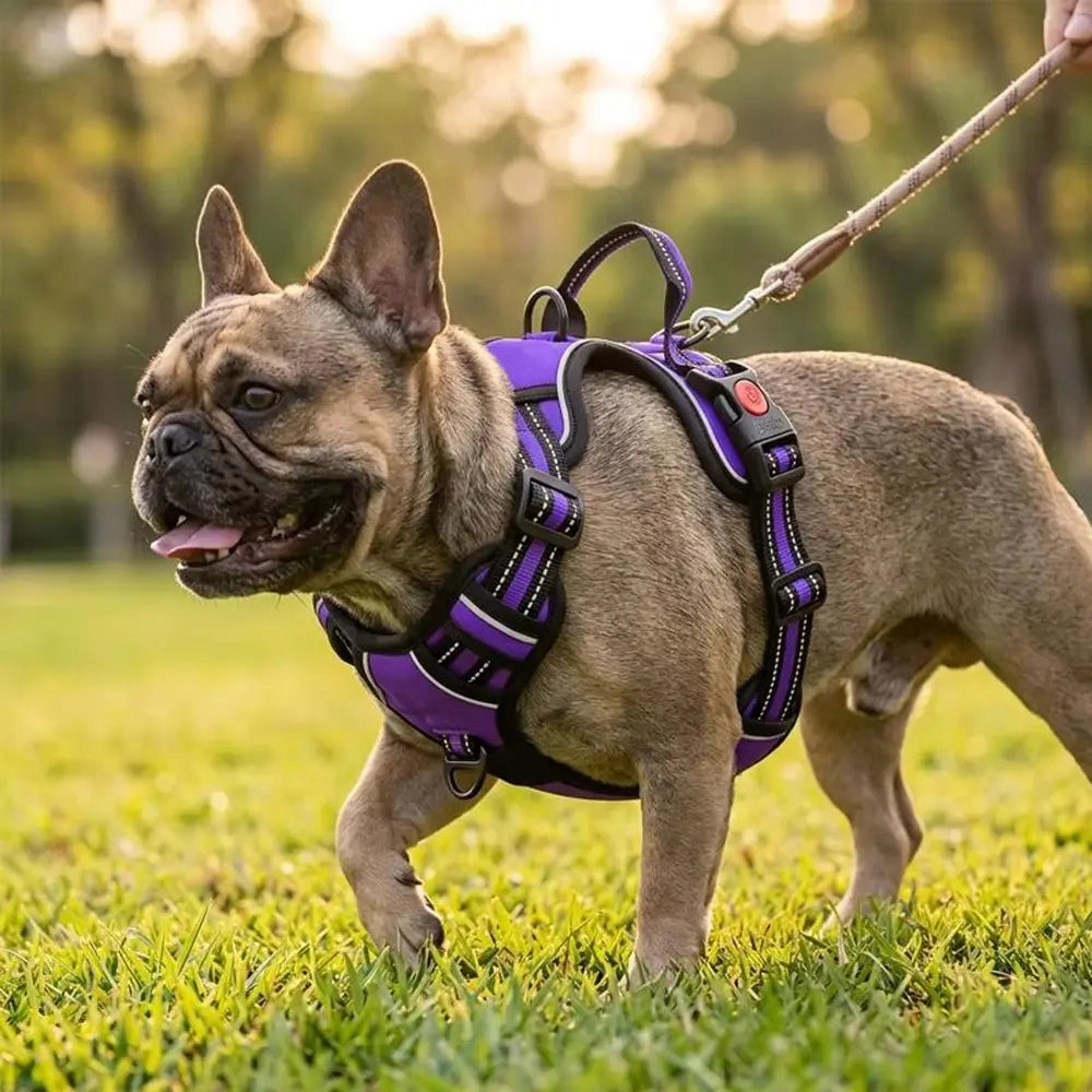 HELETY Purple 3-in-1 Adjustable No-Pull Dog Vest Harness and Leash Set, Size S-XL, Dual D-Ring Clips, 360° Reflective Design, Padded Chest, Oxford Fabric, Night Safety Features, Built-in Poop Bag Holder, Tangle-Free Bungee Strap for Running