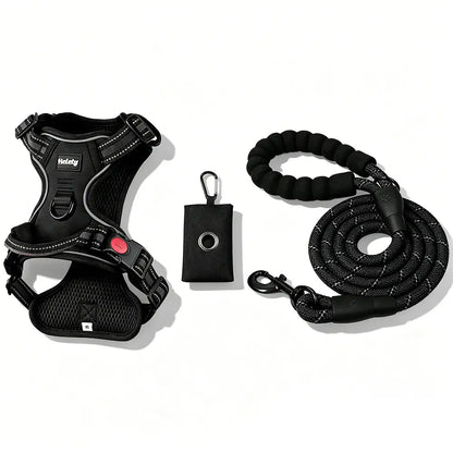HELETY Purple 3-in-1 Adjustable No-Pull Dog Vest Harness and Leash Set, Size S-XL, Dual D-Ring Clips, 360° Reflective Design, Padded Chest, Oxford Fabric, Night Safety Features, Built-in Poop Bag Holder, Tangle-Free Bungee Strap for Running