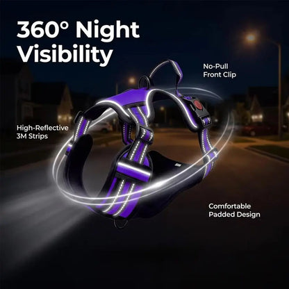 HELETY Purple 3-in-1 Adjustable No-Pull Dog Vest Harness and Leash Set, Size S-XL, Dual D-Ring Clips, 360° Reflective Design, Padded Chest, Oxford Fabric, Night Safety Features, Built-in Poop Bag Holder, Tangle-Free Bungee Strap for Running