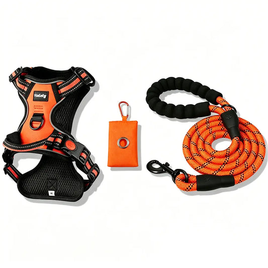 HELETY Purple 3-in-1 Adjustable No-Pull Dog Vest Harness and Leash Set, Size S-XL, Dual D-Ring Clips, 360° Reflective Design, Padded Chest, Oxford Fabric, Night Safety Features, Built-in Poop Bag Holder, Tangle-Free Bungee Strap for Running