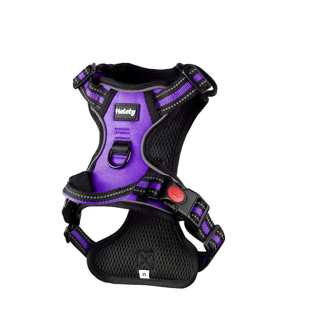 HELETY Purple 3-in-1 Adjustable No-Pull Dog Vest Harness and Leash Set, Size S-XL, Dual D-Ring Clips, 360° Reflective Design, Padded Chest, Oxford Fabric, Night Safety Features, Built-in Poop Bag Holder, Tangle-Free Bungee Strap for Running