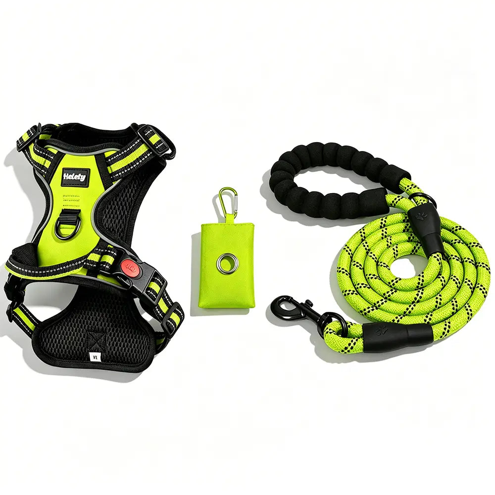 HELETY Purple 3-in-1 Adjustable No-Pull Dog Vest Harness and Leash Set, Size S-XL, Dual D-Ring Clips, 360° Reflective Design, Padded Chest, Oxford Fabric, Night Safety Features, Built-in Poop Bag Holder, Tangle-Free Bungee Strap for Running