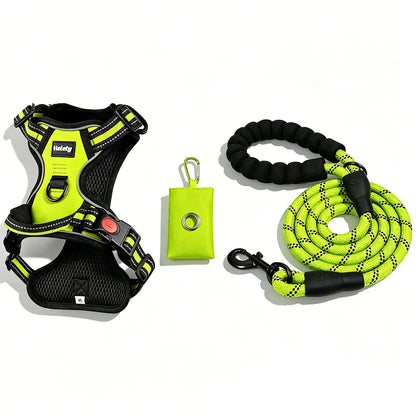 HELETY Purple 3-in-1 Adjustable No-Pull Dog Vest Harness and Leash Set, Size S-XL, Dual D-Ring Clips, 360° Reflective Design, Padded Chest, Oxford Fabric, Night Safety Features, Built-in Poop Bag Holder, Tangle-Free Bungee Strap for Running