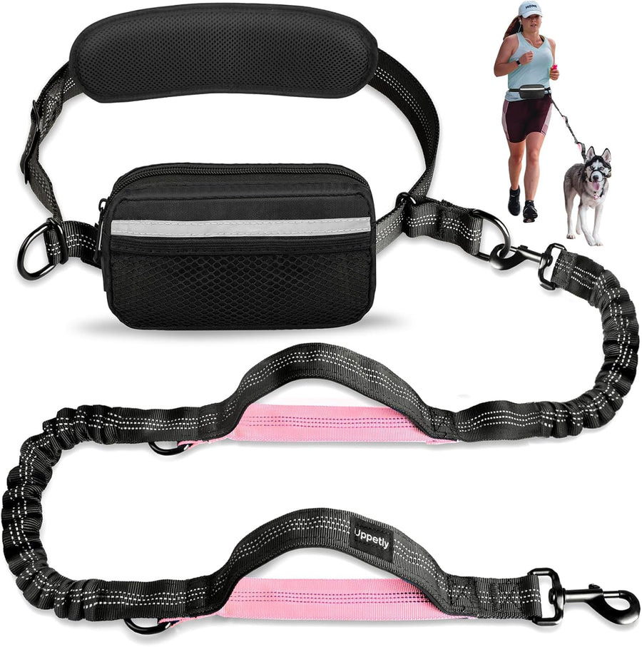 Hands Free Dog Running Leash with Waist Belt, Dual Handle Elastic Bungees Retractable Rope for Medium and Large Dogs, Reflective Stitches for Walking Hiking Biking (Large Pink, 25-120Lb