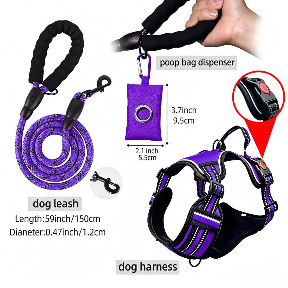HELETY Purple 3-in-1 Adjustable No-Pull Dog Vest Harness and Leash Set, Size S-XL, Dual D-Ring Clips, 360° Reflective Design, Padded Chest, Oxford Fabric, Night Safety Features, Built-in Poop Bag Holder, Tangle-Free Bungee Strap for Running