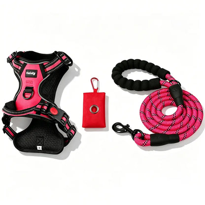 HELETY Purple 3-in-1 Adjustable No-Pull Dog Vest Harness and Leash Set, Size S-XL, Dual D-Ring Clips, 360° Reflective Design, Padded Chest, Oxford Fabric, Night Safety Features, Built-in Poop Bag Holder, Tangle-Free Bungee Strap for Running