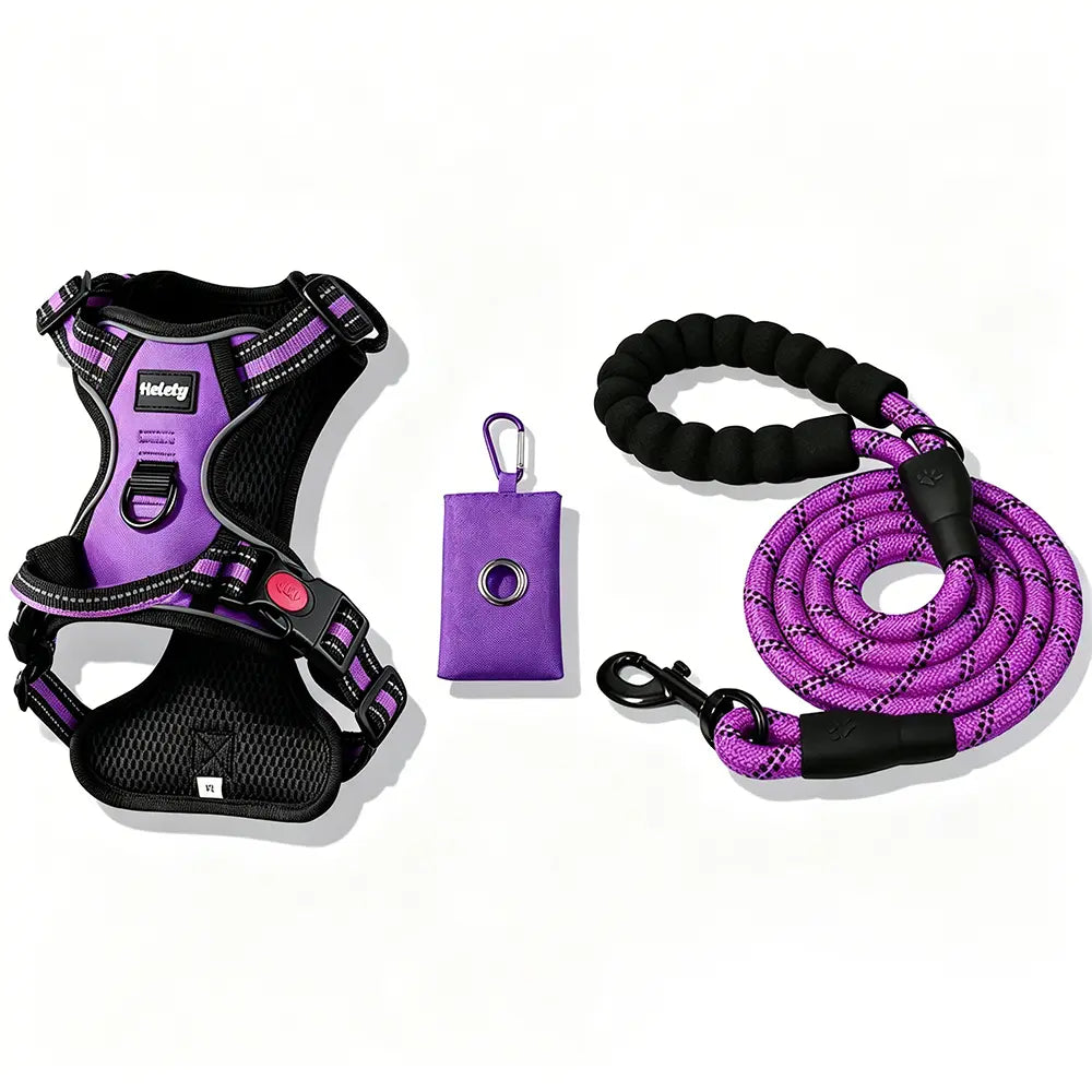 HELETY Purple 3-in-1 Adjustable No-Pull Dog Vest Harness and Leash Set, Size S-XL, Dual D-Ring Clips, 360° Reflective Design, Padded Chest, Oxford Fabric, Night Safety Features, Built-in Poop Bag Holder, Tangle-Free Bungee Strap for Running