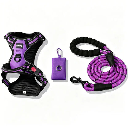 HELETY Purple 3-in-1 Adjustable No-Pull Dog Vest Harness and Leash Set, Size S-XL, Dual D-Ring Clips, 360° Reflective Design, Padded Chest, Oxford Fabric, Night Safety Features, Built-in Poop Bag Holder, Tangle-Free Bungee Strap for Running