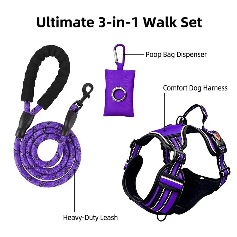 HELETY Purple 3-in-1 Adjustable No-Pull Dog Vest Harness and Leash Set, Size S-XL, Dual D-Ring Clips, 360° Reflective Design, Padded Chest, Oxford Fabric, Night Safety Features, Built-in Poop Bag Holder, Tangle-Free Bungee Strap for Running