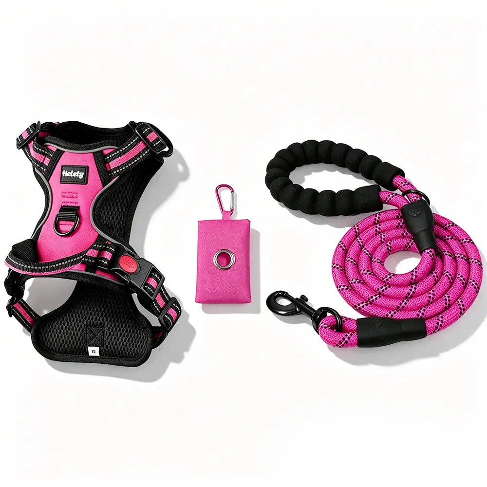 HELETY Purple 3-in-1 Adjustable No-Pull Dog Vest Harness and Leash Set, Size S-XL, Dual D-Ring Clips, 360° Reflective Design, Padded Chest, Oxford Fabric, Night Safety Features, Built-in Poop Bag Holder, Tangle-Free Bungee Strap for Running