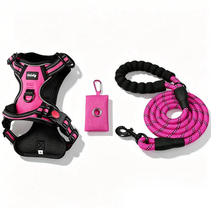 HELETY Purple 3-in-1 Adjustable No-Pull Dog Vest Harness and Leash Set, Size S-XL, Dual D-Ring Clips, 360° Reflective Design, Padded Chest, Oxford Fabric, Night Safety Features, Built-in Poop Bag Holder, Tangle-Free Bungee Strap for Running