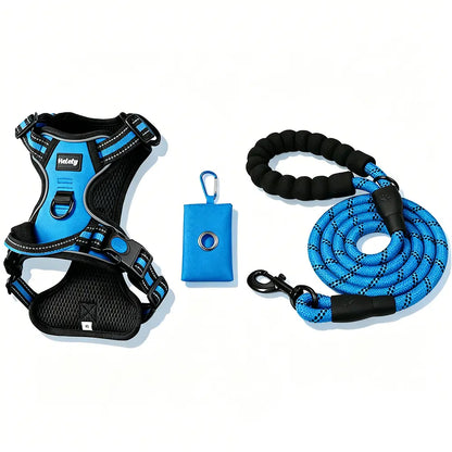HELETY Purple 3-in-1 Adjustable No-Pull Dog Vest Harness and Leash Set, Size S-XL, Dual D-Ring Clips, 360° Reflective Design, Padded Chest, Oxford Fabric, Night Safety Features, Built-in Poop Bag Holder, Tangle-Free Bungee Strap for Running